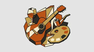 A geometric composition of a guitar, wine glass, smoking pipe, and painter's palette rendered in shades of brown and tan with thick black outlines.