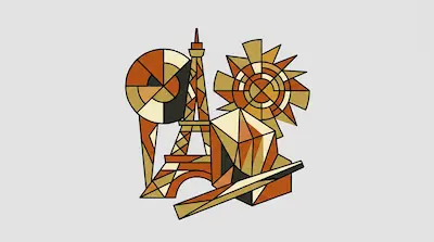 A geometric composition of shapes in shades of orange, brown, and tan featuring a central tower, a sun-like figure, and a circular motif.