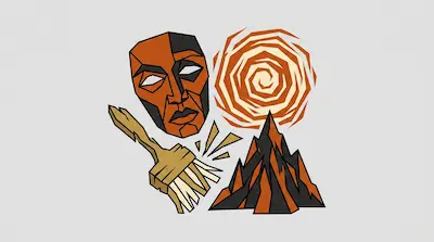 A stylized mask, a spiral sun, a jagged mountain, and a paintbrush.