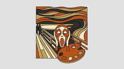 A stylized screaming figure stands on a bridge with a painter's palette in the foreground under a wavy sky.
