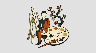 A stylized person sits on a large artist's palette next to an easel and a small flowering tree.