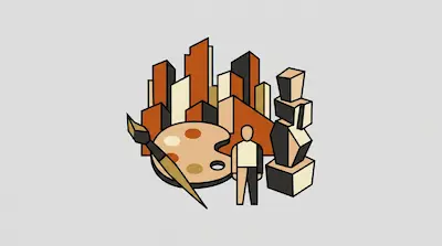 A city skyline, an artist's palette, a paintbrush, a human figure, and a blocky sculpture in a geometric style.