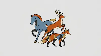 A blue horse, an orange deer, and a multi-colored fox rendered in a geometric style.