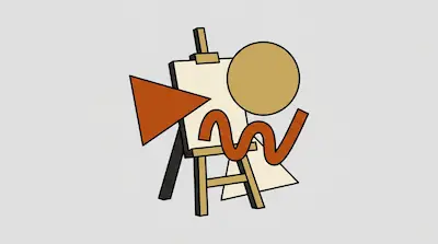 A tan easel and canvas are surrounded by a large orange triangle, a tan circle, and a wavy orange line.