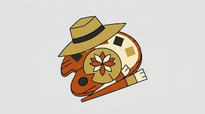 A tan straw hat sits atop a brown and cream artist's palette with two paintbrushes tucked underneath.