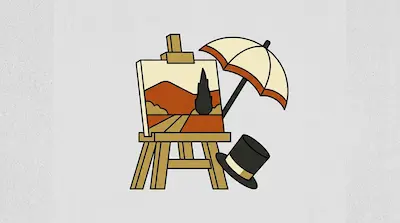 A landscape painting on an easel next to an umbrella and a top hat.