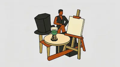 A figure stands behind a table with a green drink, a top hat on a chair, and an easel with a blank canvas.