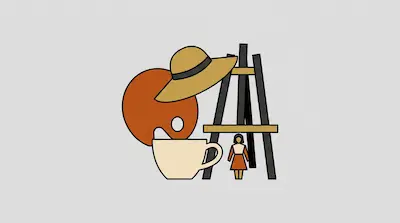A stylized arrangement of an orange palette, a tan sun hat, a black easel, a cream coffee cup, and a small figure.
