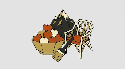A bowl of apples, a paintbrush, and a chair are positioned in front of a mountain.