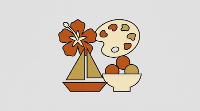 A minimalist graphic of a hibiscus flower, an artist's palette, a sailboat, and a bowl of fruit in a retro color scheme.