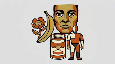 Flat illustration of a man's face, a banana, a rose, a tin can, and a small figure in orange and tan tones.