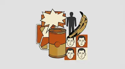 Flat illustration of a soup can, a banana, and a grid of four male faces in a pop art style on a gray background
