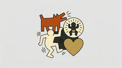 Flat illustration of a barking dog, a dancing figure, a radiant baby, and a heart in a bold pop art style.