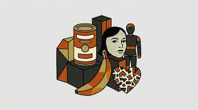Pop art illustration of a soup can, a banana, and a woman's face with Ben-Day dots in a graphic collage style.