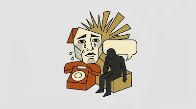Flat illustration of a crying face, a rotary phone, and a silhouette sitting by a speech bubble on a gray background