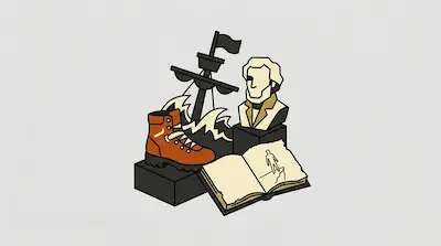 Flat illustration of a hiking boot, a ship mast, a bust of a man, and an open book on a light gray background