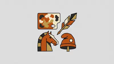 Flat illustration of a painter palette, a feather quill, a horse head, and a red hat on a light gray background
