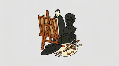 Flat illustration of an artist standing behind a wooden easel, a black bust, a wide brimmed hat, and a paint palette.