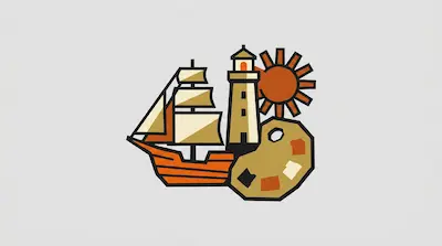 Flat illustration of a sailing ship, a lighthouse, a sun, and a painter's palette in orange and tan tones.