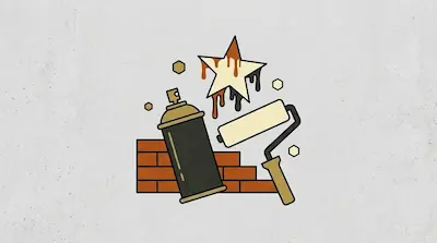 Flat illustration of a spray paint can, a paint roller, and a dripping star over a brick wall on a textured background