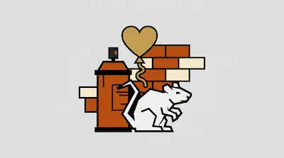Flat illustration of a white rat, a spray paint can, and a heart balloon against a brick wall on a gray background