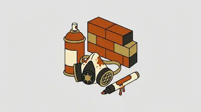 Flat illustration of graffiti supplies including an orange spray can, a respirator mask, and a brick wall section