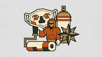 Flat illustration of a hooded figure with a spray can, a paint roller, and a geometric mask on a grey background
