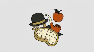 A black bowler hat, a red apple, a smoking pipe, and a melting pocket watch.