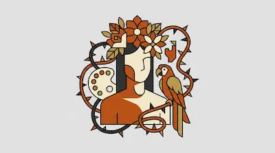 A geometric portrait of a person with a floral crown, a parrot on their shoulder, and a painter's palette, encircled by a thorny vine.