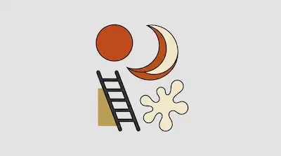 A red circle, a crescent moon, a black ladder leaning against a tan rectangle, and a cream-colored abstract shape.
