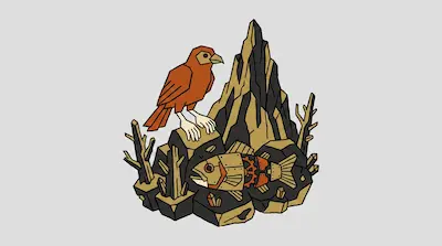 A geometric brown bird perches on rocks above a mechanical fish with visible gears, positioned in front of a jagged mountain.