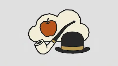 An orange apple, a smoking pipe, and a black bowler hat with a gold band are set against a cream-colored cloud shape.