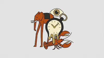 A long-legged orange elephant, a melting pocket watch, a large eye, and a red lobster are grouped together against a gray background.