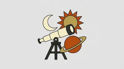 A telescope on a tripod surrounded by a crescent moon, a sun, and a ringed planet.
