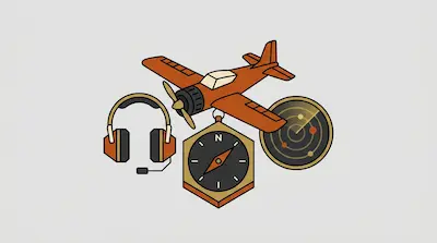 A collection of aviation icons including a propeller plane, a headset, a compass, and a radar screen.