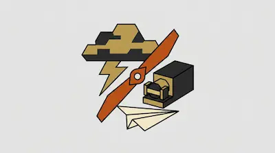 A geometric illustration of a storm cloud with lightning, an airplane propeller, a mechanical engine, and a paper airplane.