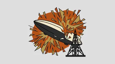 A black and tan airship explodes as it crashes into a lattice tower.