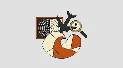 A radar screen, an airplane silhouette, and a magnifying glass are grouped above a large, geometric wave shape.