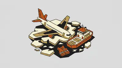 A commercial airplane rests on broken ice floes next to a small orange boat and a floating life jacket.
