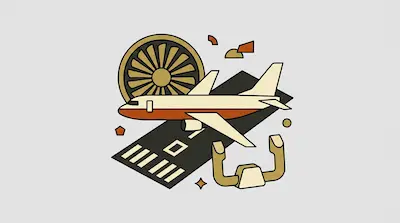 A stylized airplane flies over a runway, surrounded by a jet engine turbine and a flight control yoke.