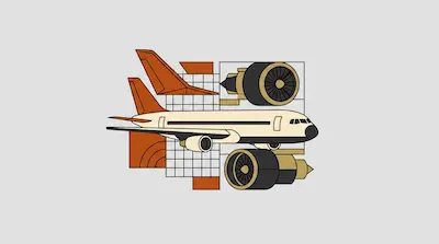 Flat illustration of a commercial airplane surrounded by jet engines and orange geometric shapes on a gray background