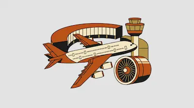 A stylized graphic of an airplane, an airport control tower, a terminal building, and a jet engine turbine.