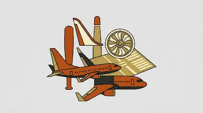 Stylized aviation graphics featuring two orange airplanes, a jet engine, a tail fin, and a control tower.
