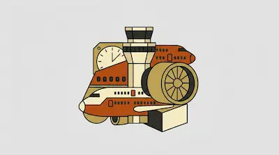 A stylized cluster of aviation icons including an airplane, a jet engine, a control tower, and a clock.