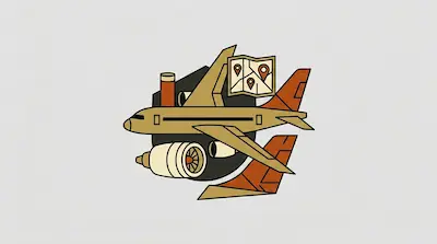 Flat illustration of a tan airplane, a jet engine, and a map with location pins on a light grey background