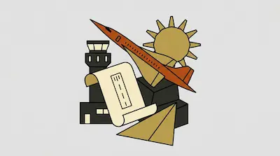 A supersonic jet, an airport control tower, a paper airplane, and a document with a runway diagram.