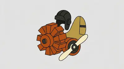 Flat illustration of an orange radial engine, a vintage pilot aviator hat, and a propeller on a light grey background