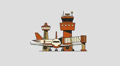 A stylized airplane parked at an airport gate with two control towers and a jet bridge.