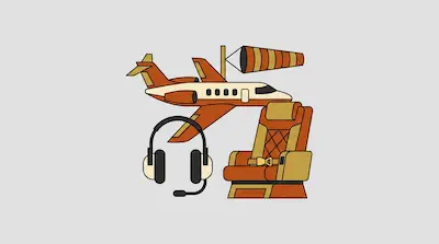 Flat illustration of an orange airplane, a pilot headset, a windsock, and a passenger seat on a light gray background