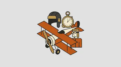 Flat illustration of an orange biplane, a pilot with goggles, a pocket watch, and a flight helmet on a gray background